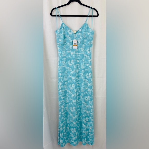 Full Length Sleeveless Spaghetti Strap A-Line Turquoise Floral Dress. Sm… - Picture 4 of 9